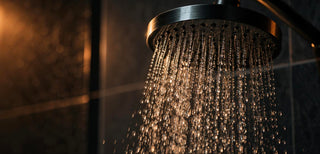 Pomme de douche sombre vue de près, jet d'eau froide en fines gouttelettes éclairé par une lumière rasante