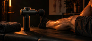 Pistolet de massage posé sur une table de kinésithérapie à côté du mollet au repos d'un sportif