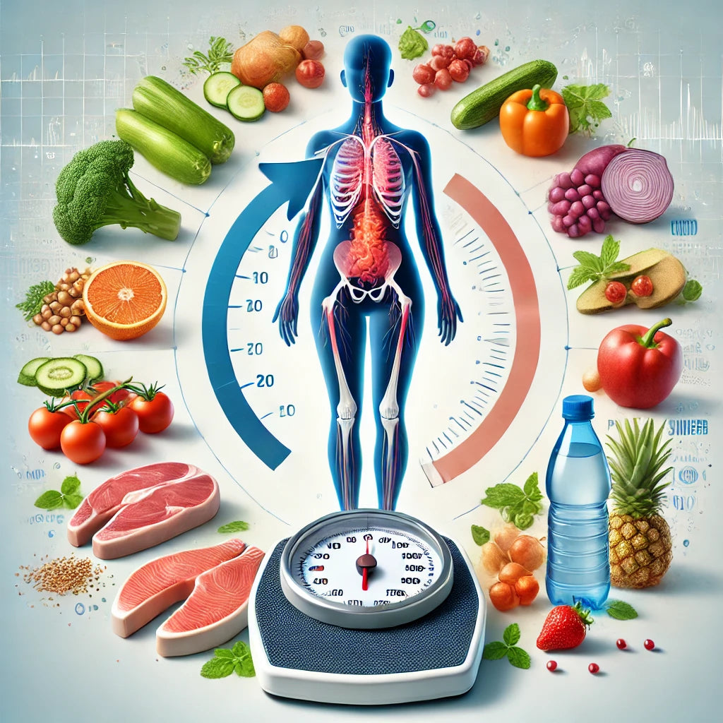 Illustration de la perte de poids avec une balance, une figure humaine montrant les zones de graisse, et divers aliments sains comme des légumes, fruits, protéines et de l'eau.