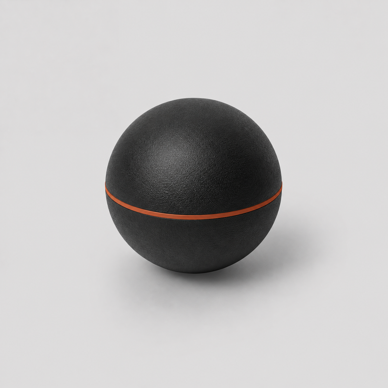 Balle de massage myofasciale Shapebox noire avec liseré cuivre, fond studio gris clair