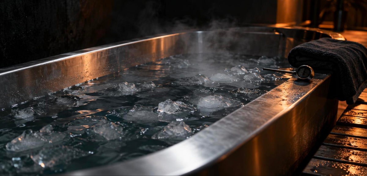 Baignoire en inox remplie d'eau glacée avec thermomètre posé sur le rebord, pour un bain froid de récupération sportive