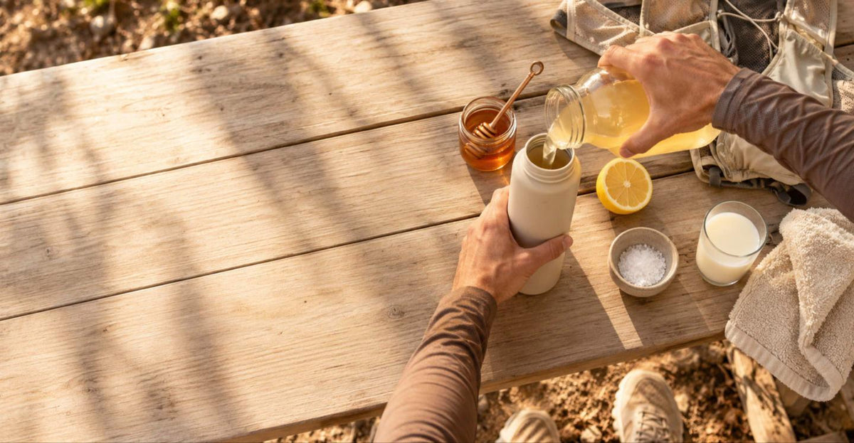Mains versant une boisson de récupération maison au citron et au miel dans une gourde, sur une table après un trail