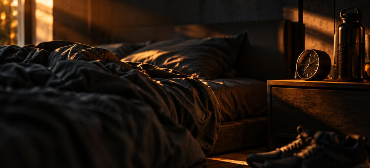 Lit défait dans une chambre sombre au petit matin, réveil, bouteille d'eau et chaussures de sport posés sur la table de nuit