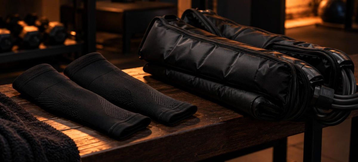 Paire de manchons de compression noirs pour mollets posée près de bottes de pressothérapie repliées sur un banc en bois
