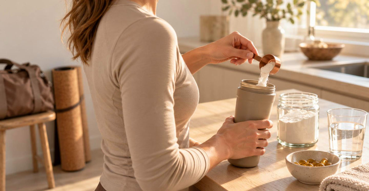 Sportive versant une dose de poudre avec une cuillère cuivrée dans un shaker, complément de récupération musculaire