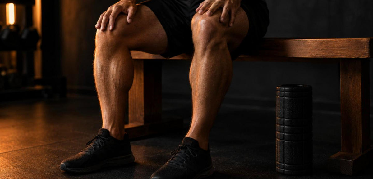 Sportif assis sur un banc après une séance de jambes, mains sur les cuisses, rouleau de massage posé au sol