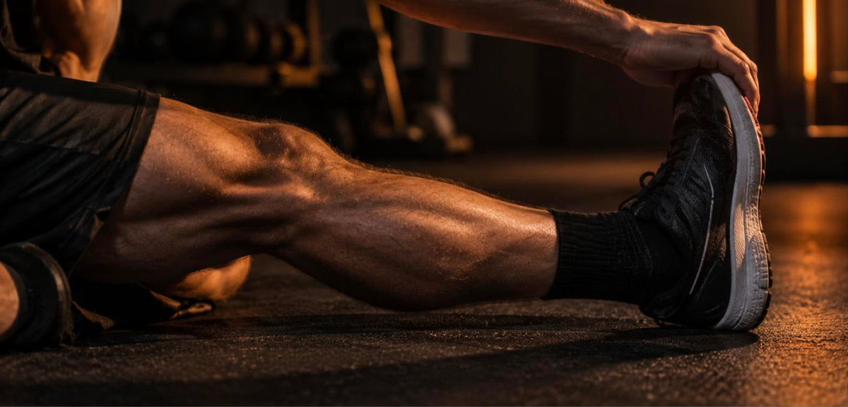 Sportif assis au sol qui étire son mollet jambe tendue en tirant la pointe de sa chaussure de running