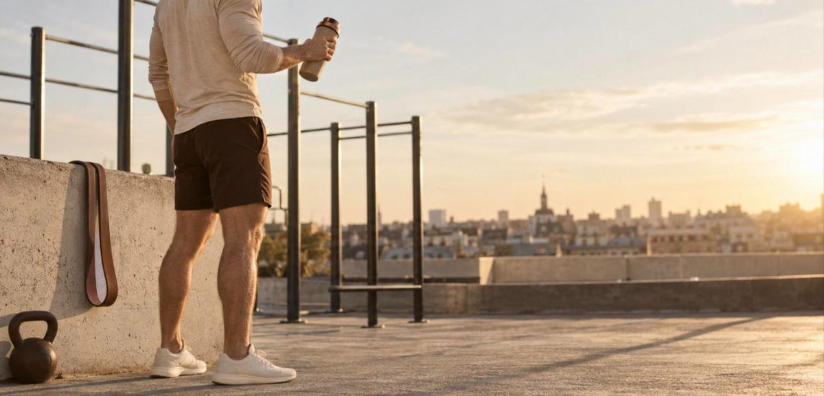 Sportif de dos sur un toit en ville, shaker à la main après la séance : créatine avant ou après le sport
