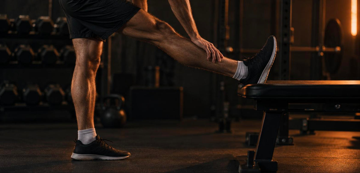 Étirement des ischio-jambiers talon posé sur un banc, jambe tendue, dans une salle de sport