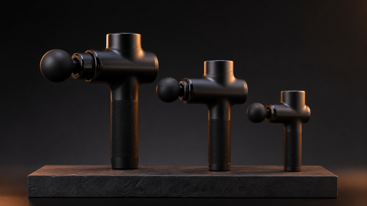 Trois pistolets de massage noirs premium sur un socle sombre, lumière cuivrée