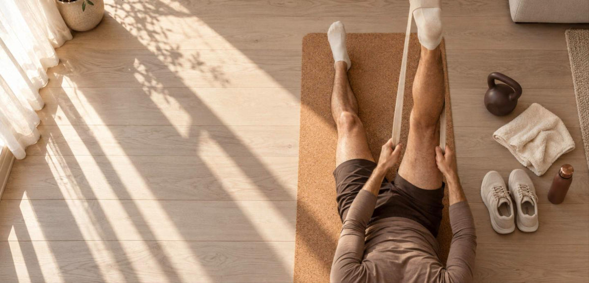 Homme allongé sur un tapis de liège, vu de dessus, qui étire ses ischio-jambiers avec une sangle dans un salon lumineux