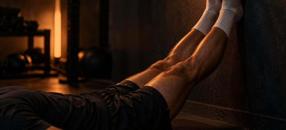 Sportif allongé sur un tapis, jambes surélevées contre un mur après l'entraînement pour soulager les jambes lourdes