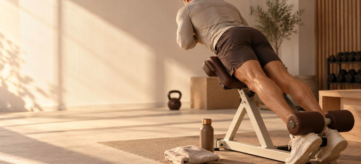Sportif de dos en extension lombaire sur une chaise romaine dans une salle claire, guide pour choisir sa chaise romaine