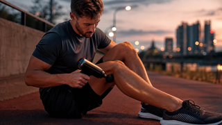 Coureur utilisant un pistolet de massage sur son mollet après la course, lumière cuivrée