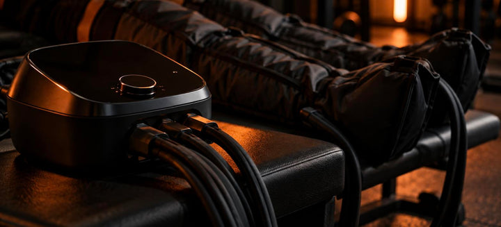 Boîtier de commande d'un appareil de pressothérapie posé sur un banc, reliés à des bottes de compression