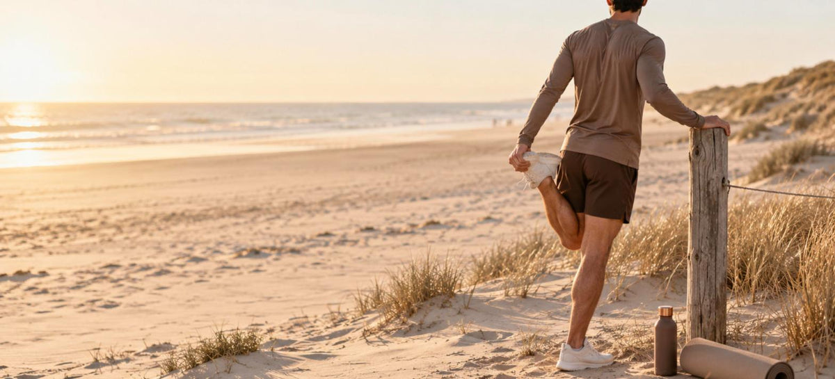 Coureur vu de dos sur une plage au lever du soleil, en train d'étirer son quadriceps, talon tenu vers la fesse