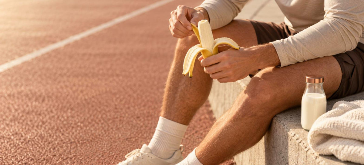 Sportif qui épluche une banane au bord d'une piste d'athlétisme, bouteille de lait à côté, après le sport