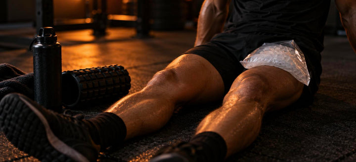 Sportif assis au sol après une course hyrox, sac de glace sur la cuisse, gourde et rouleau de massage à côté