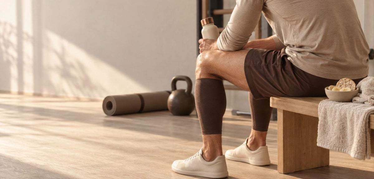 Sportif assis sur un banc après sa séance, manchons de compression aux mollets, gourde et collation pour une récupération rapide