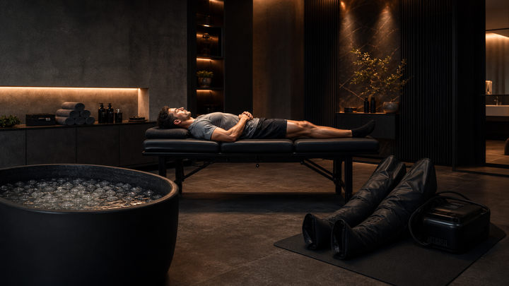 Salle de récupération premium sombre avec table de massage, bain froid et bottes de compression, lumière cuivrée