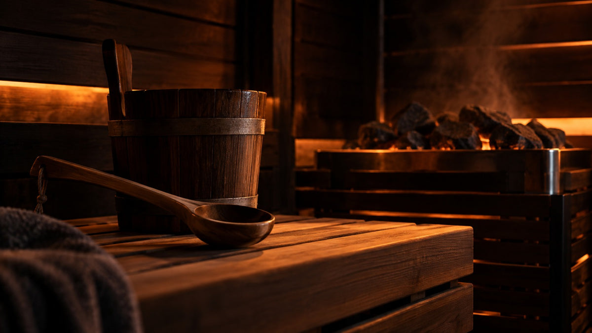 Intérieur sombre d'une cabine de sauna en bois avec un seau et une louche posés sur le banc, pierres chaudes en arrière-plan