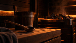 Intérieur sombre d'une cabine de sauna en bois avec un seau et une louche posés sur le banc, pierres chaudes en arrière-plan