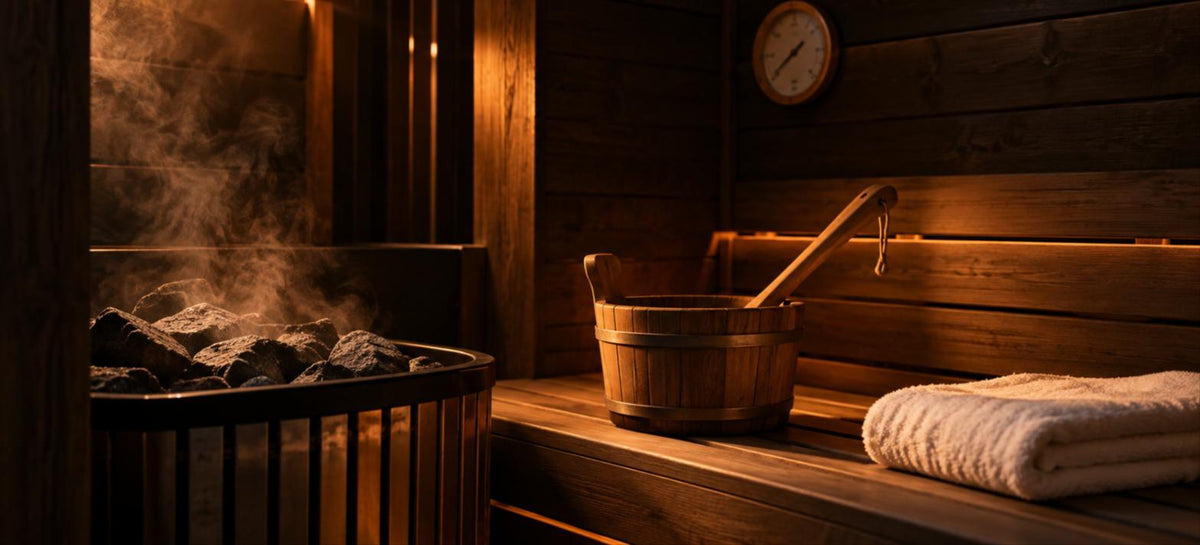 Intérieur d'un sauna finlandais en bois sombre, seau en bois et vapeur qui monte des pierres chaudes
