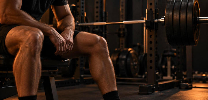Sportif assis sur un banc entre deux séances de jambes, devant une barre de squat chargée dans une salle sombre