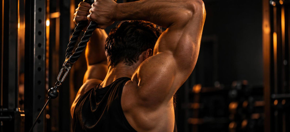 Athlète de dos en extension des triceps à la poulie au-dessus de la tête, triceps contracté sous une lumière rasante