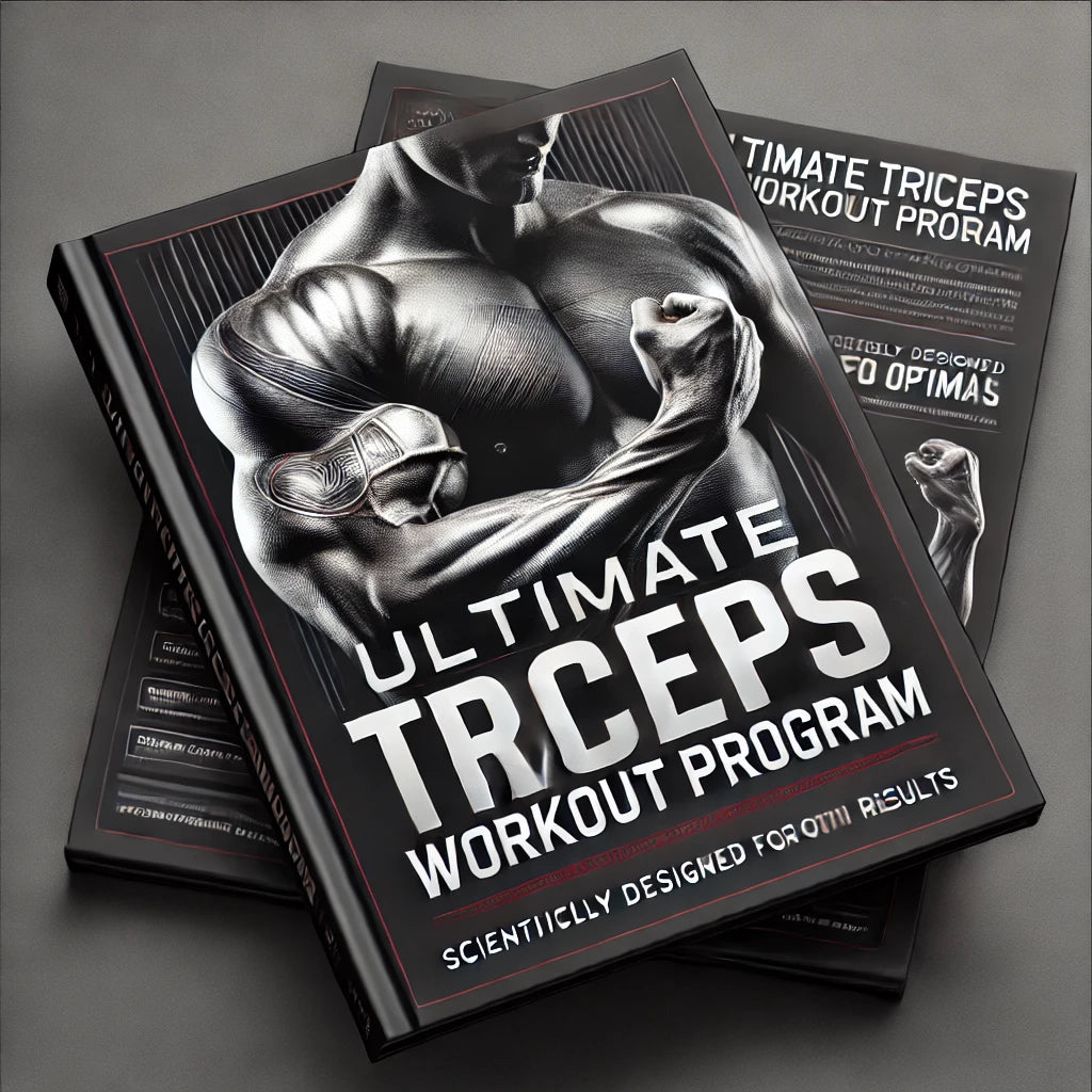 Couverture du programme 'Ultimate Triceps Workout Program' avec un bras musclé et fond noir et rouge.