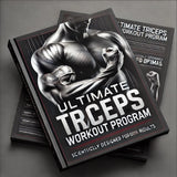 Couverture du programme 'Ultimate Triceps Workout Program' avec un bras musclé et fond noir et rouge.