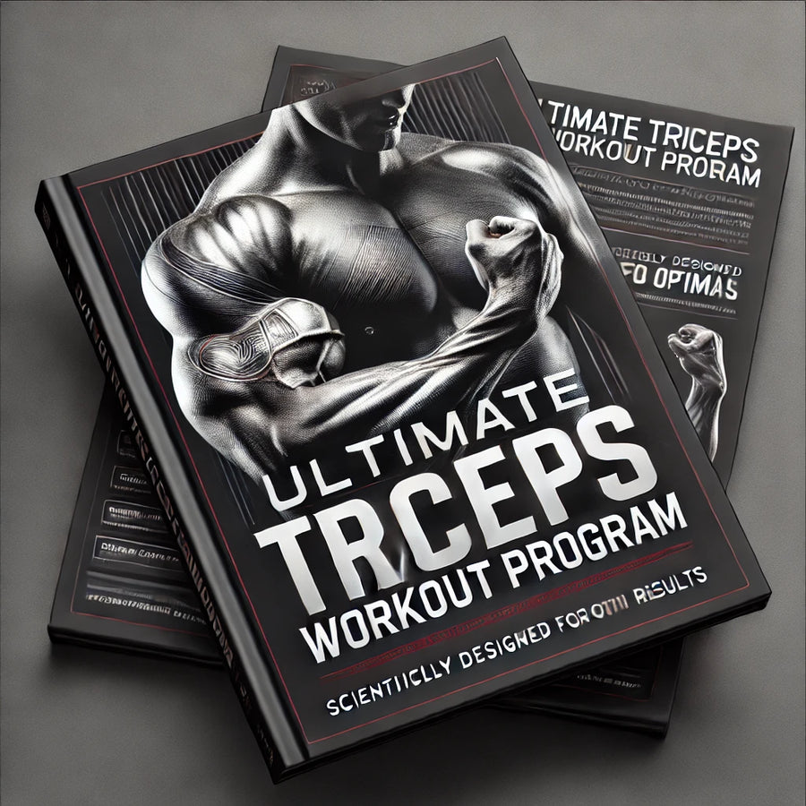 Couverture du programme 'Ultimate Triceps Workout Program' avec un bras musclé et fond noir et rouge.