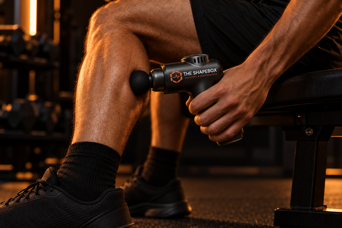 Sportif qui masse son mollet avec le mini pistolet de massage Shapebox Go dans une salle de sport