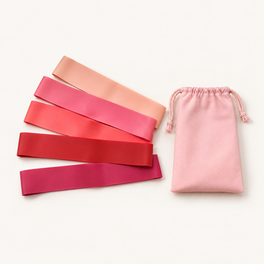 Set de 5 mini-bandes élastiques fitness, du rose pâle au rouge, avec leur pochette, sur fond crème