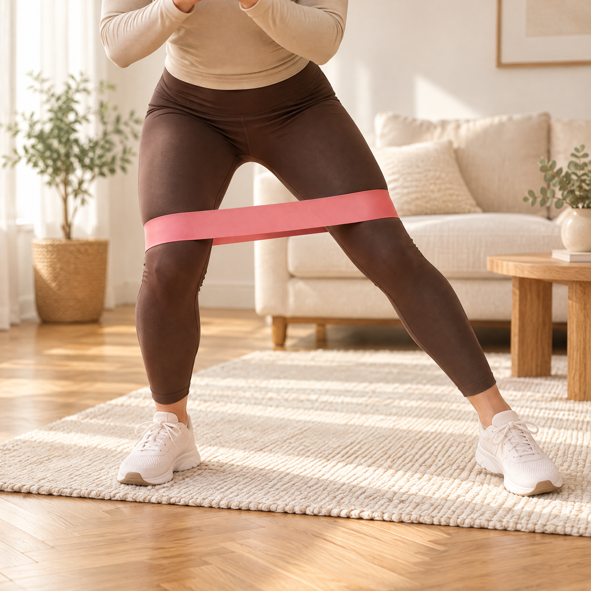 Mini-bande élastique rose au-dessus des genoux pendant un pas chassé en demi-squat