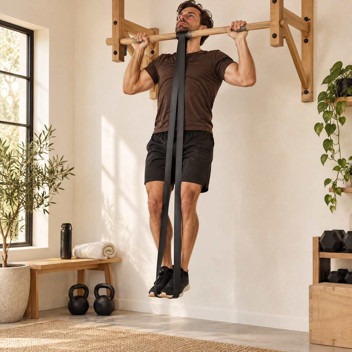 Traction assistée avec une bande élastique de musculation accrochée à la barre