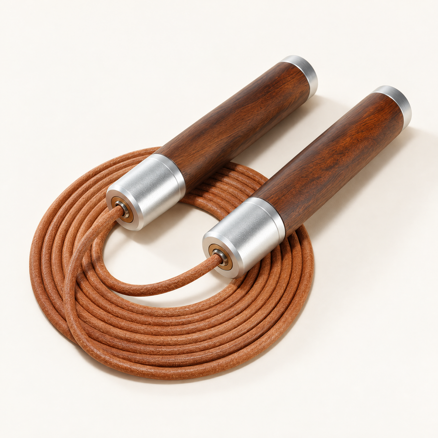 Corde à sauter en cuir avec poignées en bois et embouts en aluminium, cordon enroulé
