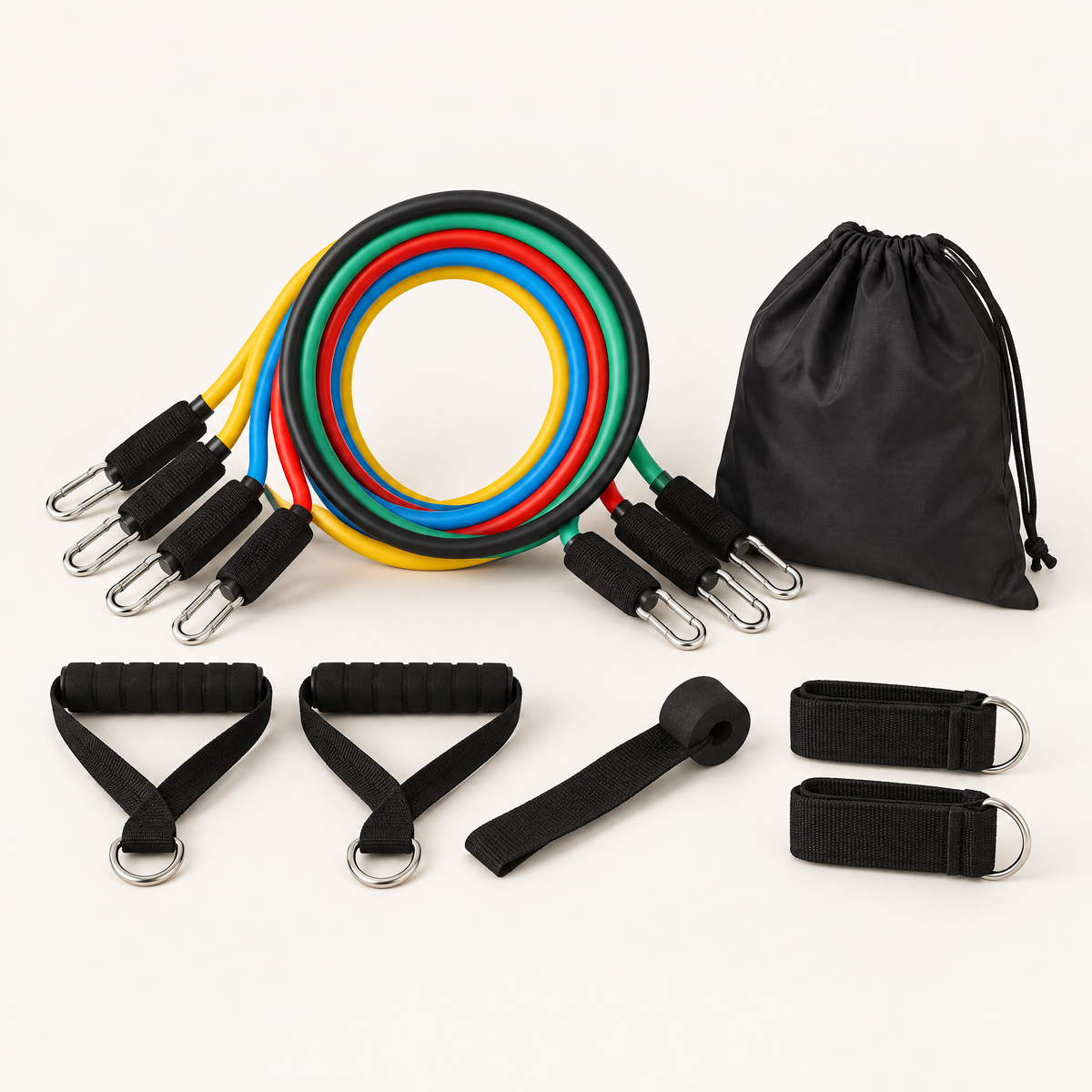 Set Elastor de 5 élastiques à poignées avec ancrage de porte, sangles de cheville et sac, sur fond crème