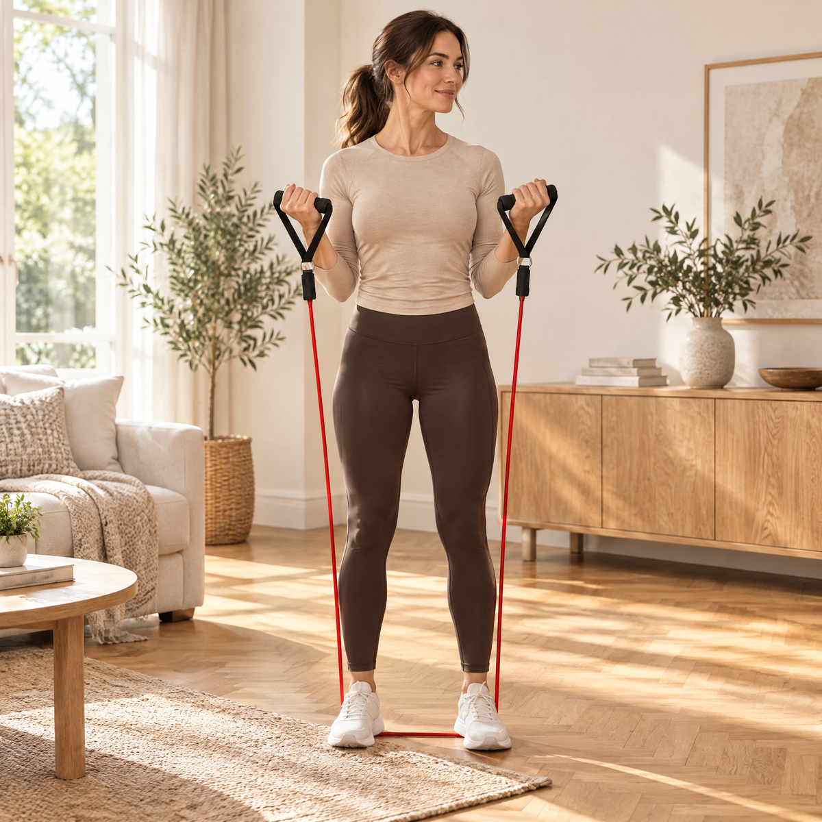 Curl biceps debout avec un élastique Elastor tenu par ses poignées