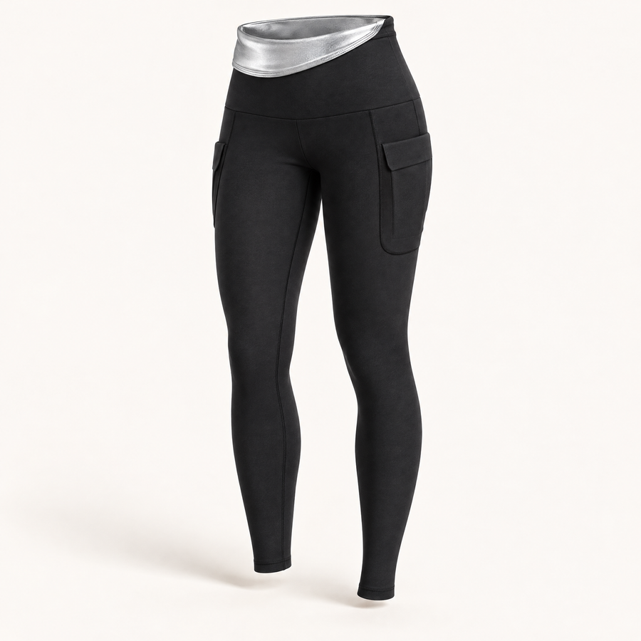 Legging de sudation noir taille haute à poches latérales, vue de face sur fond crème