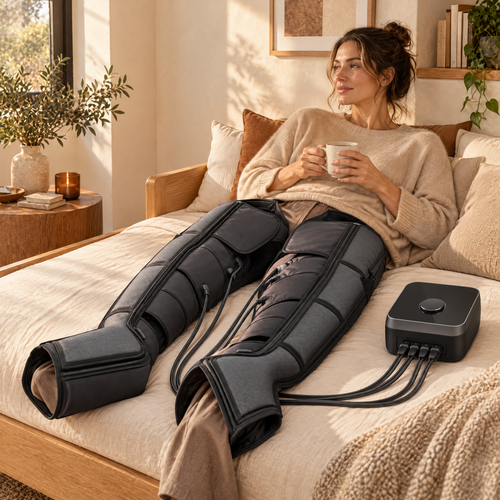 Bottes de compression Shapebox Pro portées sur un lit de repos, séance de récupération à la maison