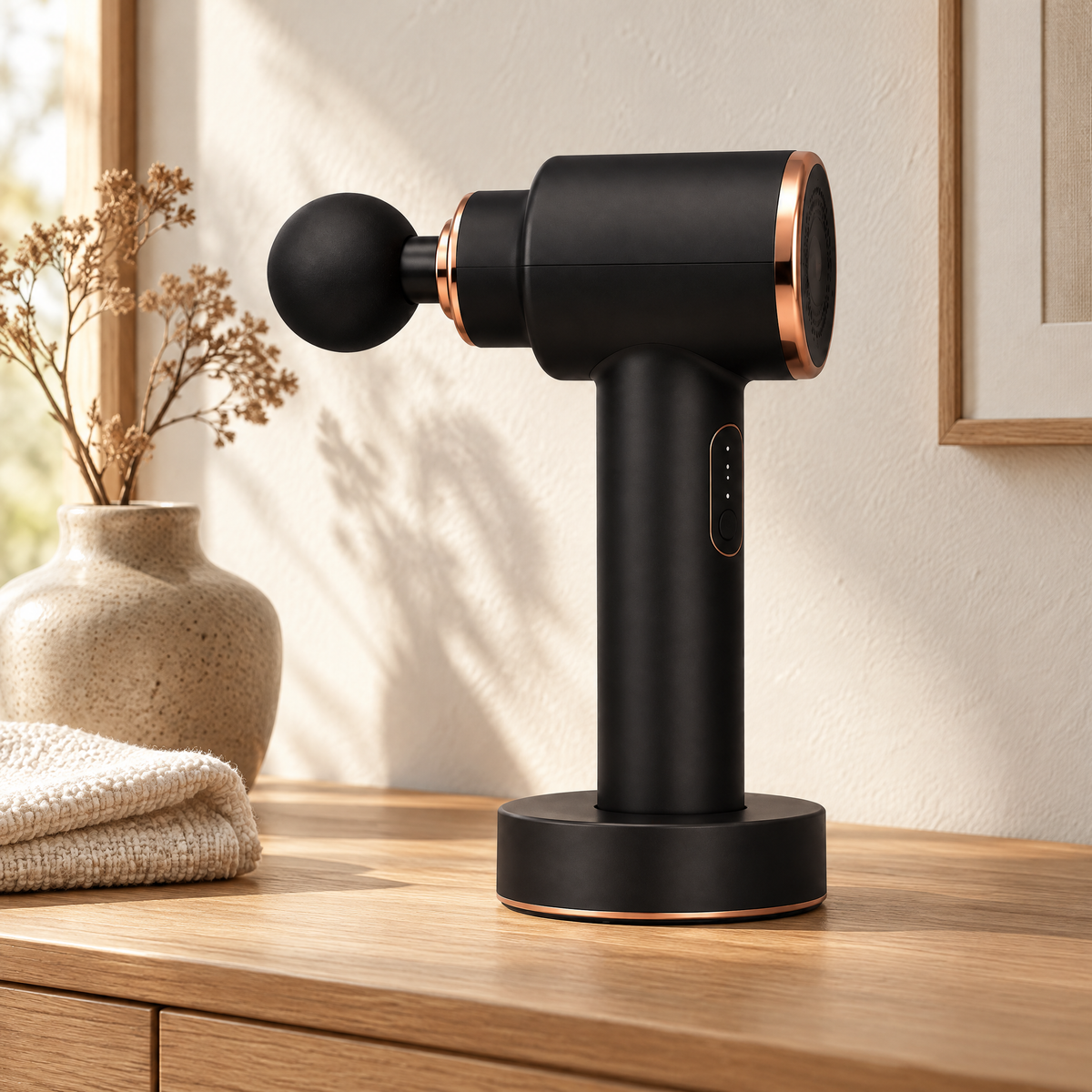 Pistolet de massage Shapebox Elite posé sur sa base de charge sur un buffet en chêne clair