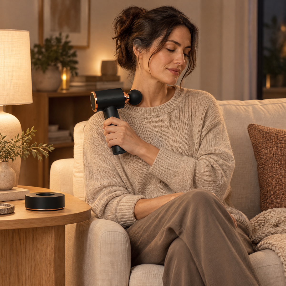 Femme assise sur un canapé en lin qui masse son épaule avec le pistolet de massage Shapebox Elite, sa base de charge posée à côté