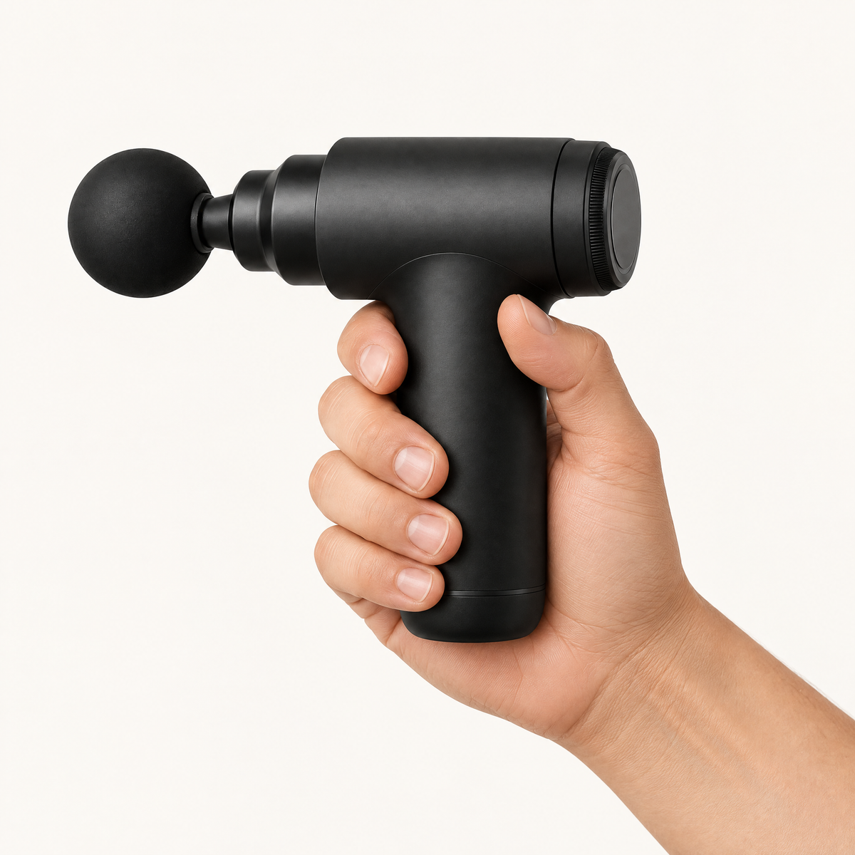 Mini pistolet de massage Shapebox Go tenu dans une main, pour montrer sa taille compacte