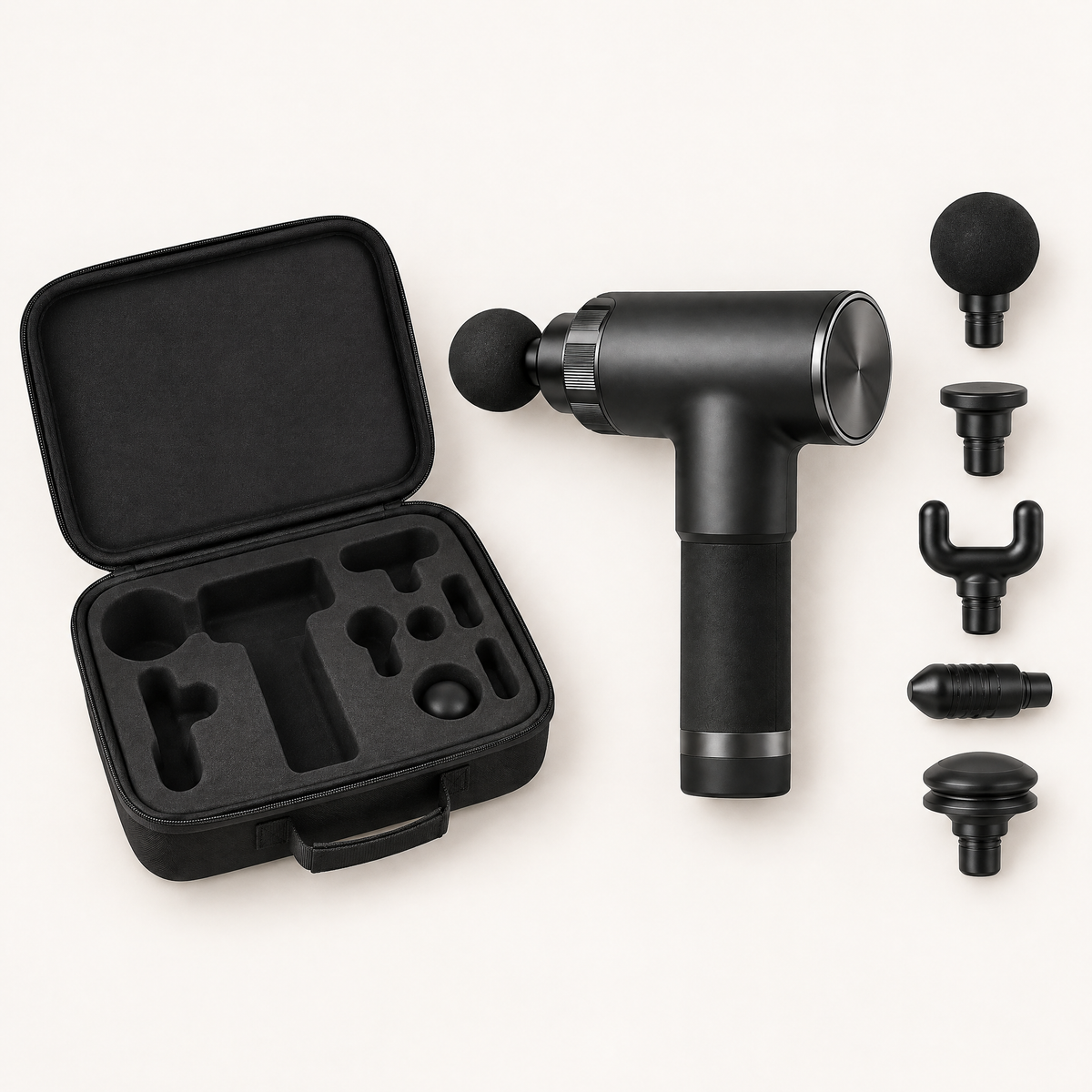 Pistolet de massage Shapebox Pro avec sa mallette de rangement et ses cinq embouts, vue de dessus sur fond crème