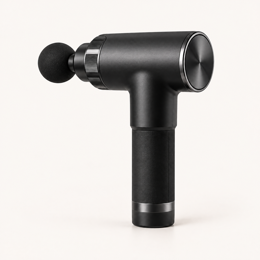 Pistolet de massage Shapebox Pro graphite à poignée texturée, vu de trois quarts sur fond crème