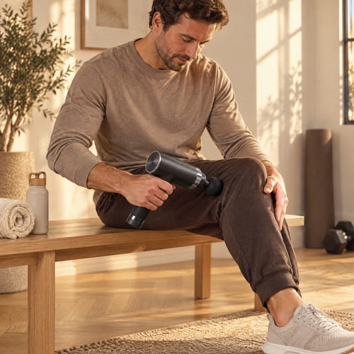 Sportif assis sur un banc en chêne qui masse le bas de sa jambe avec le pistolet de massage Shapebox Pro après une séance à la maison
