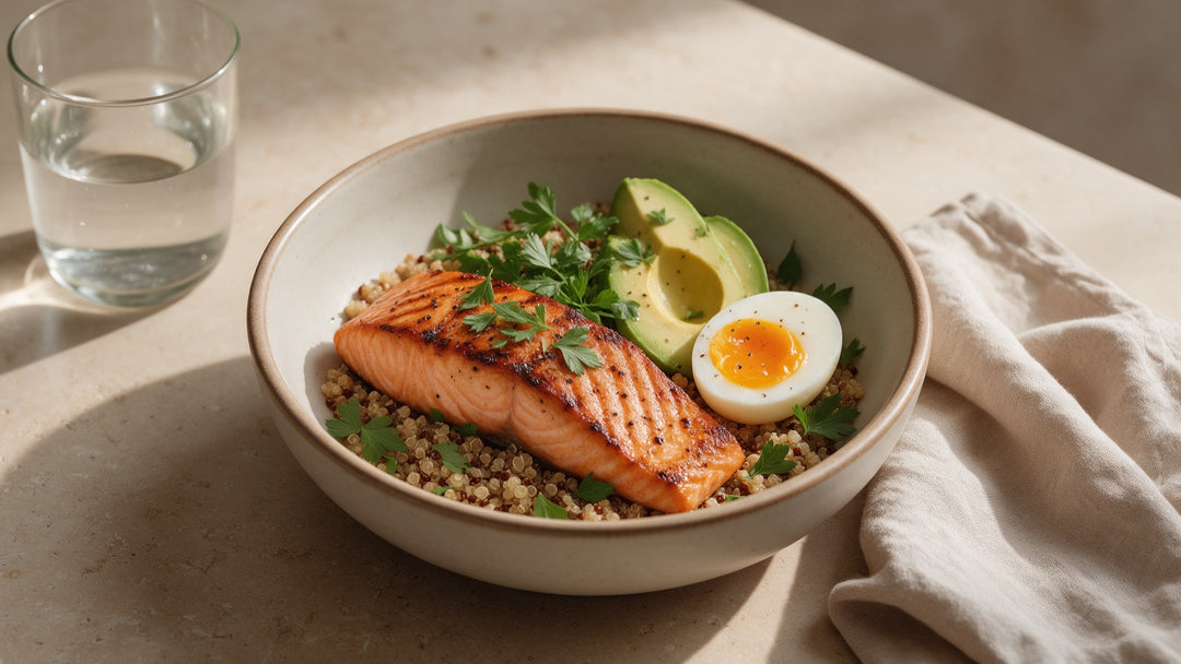 Bol de saumon grillé, quinoa et avocat pour la récupération